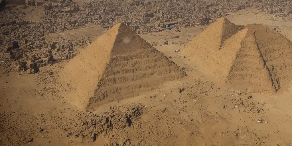 Prompt: A giant mountain in an areal shot of ancient egypt in front of the Pyramids