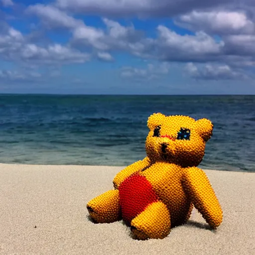 Image similar to a pixel art Teddy bear lounging on the beach