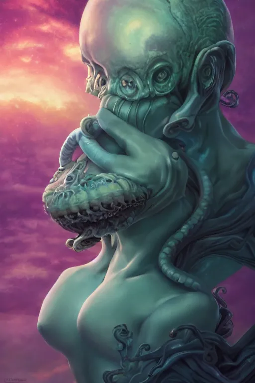 Prompt: digital portrait of an eloquent alien kraken queen, straight on, full body character concept art, concept art, by artgerm, tom bagshaw, gerald brom, vaporwave colors, lo fi colors, vaporwave, lo fi, 4 k, hd, rendered with substance designer, small details,