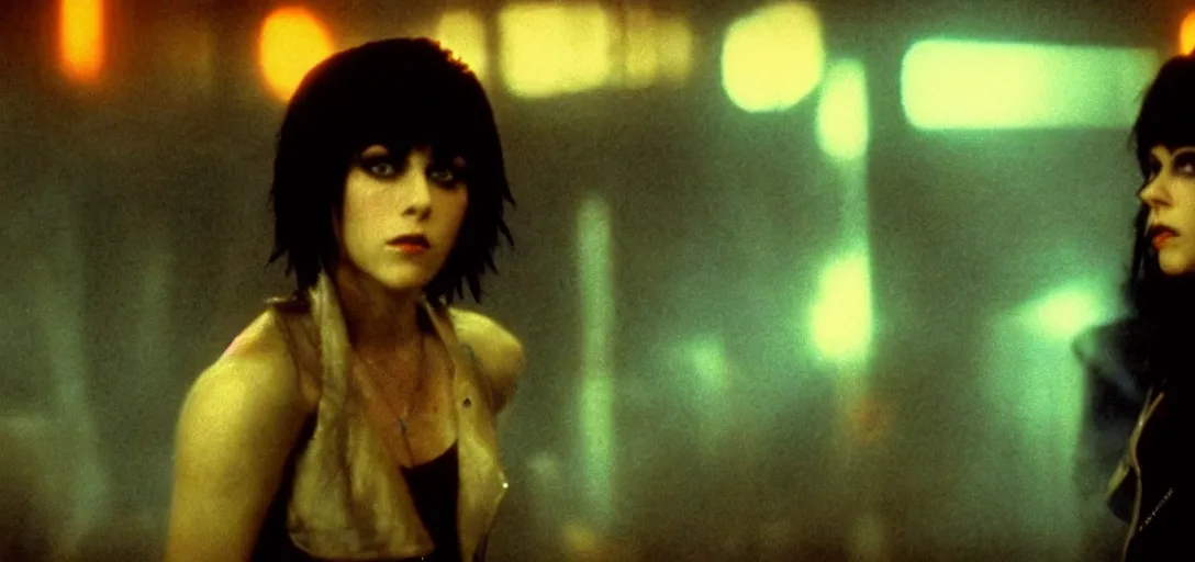 Image similar to a film portrait still of joan jett in blade runner, gritty cyberpunk atmosphere. realism, cinematic lighting, 4 k. 8 mm. grainy. panavision.