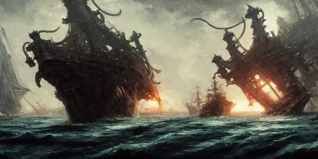 Prompt: A medieval ship flotilla is getting destroyed by a giant kraken monster at sea. In style of Yoji Shinkawa and Hyung-tae Kim, trending on ArtStation, Greg Rutkowski, dark fantasy, great composition, concept art, highly detailed, scenery.