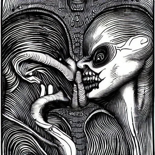 Image similar to two eldritch women abominations of unimaginable horror kissing each other by h. r. giger and junji ito, speculative evolution, op art with big bold patterns