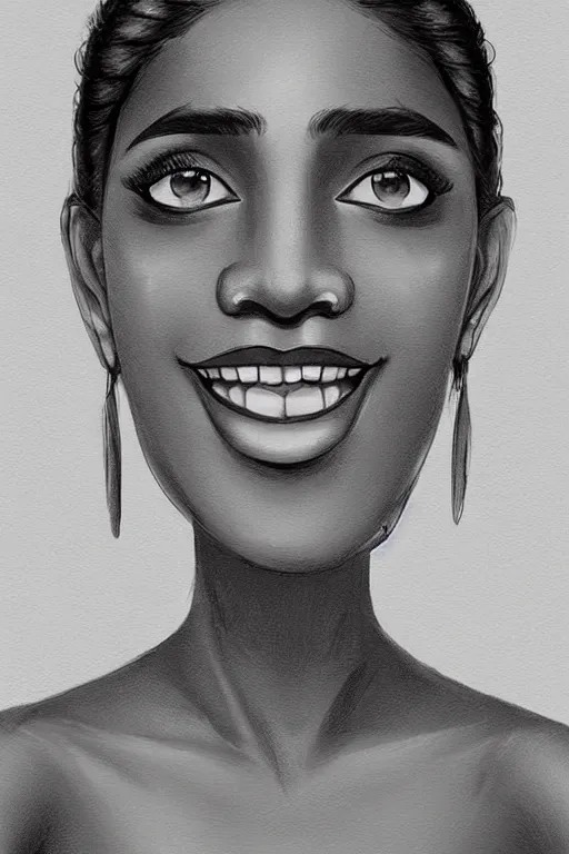 Image similar to A bust of a beautiful black skinned Sri Lankan girl with smiling lips and smooth eyebrows and straight hair, HD, illustration, epic, fantasy, intricate, elegant, amazing detail, digital painting, artstation, concept art, smooth, sharp focus, illustration, art by Turine Tran