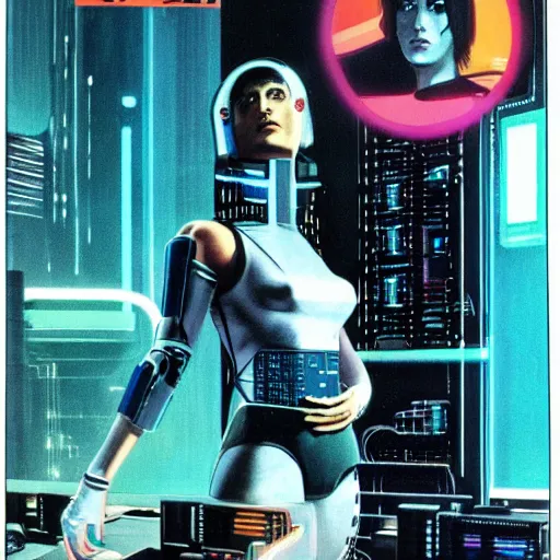 Image similar to cable plugged into cyberdeck, back of head, cyberpunk woman, computer, 1 9 7 9 omni magazine cover, style by vincent di fate, cyberpunk 2 0 2 0