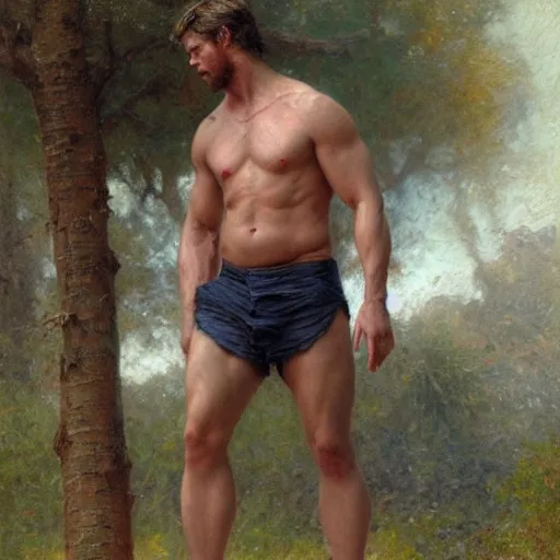 Image similar to Chris Hemsworth with a flabby body type, painting by Gaston Bussiere, Craig Mullins