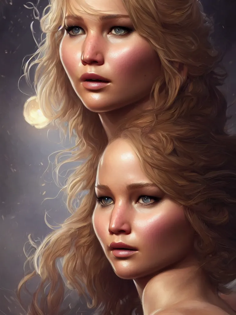 Image similar to Jennifer Lawrence, closeup, D&D, fantasy, intricate, elegant, highly detailed, digital painting, artstation, concept art, matte, sharp focus, illustration, hearthstone, art by Artgerm and Greg Rutkowski and Alphonse Mucha