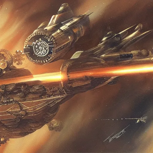 Image similar to steampunk spaceship, space war, battle, hyper realistic, artistic