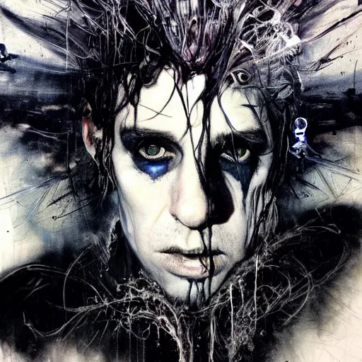 Image similar to stunning portrait of gaunt ( the cure fan ) as dream from sandman, dim stars as eyes, by jeremy mann, by cedric peyravernay, by by russ mills, by richard avedon and ben templesmith, dramatic lightning, sadness, dark eye sockets, in the shadows, punk rock, gothic, high detailed, 8 k