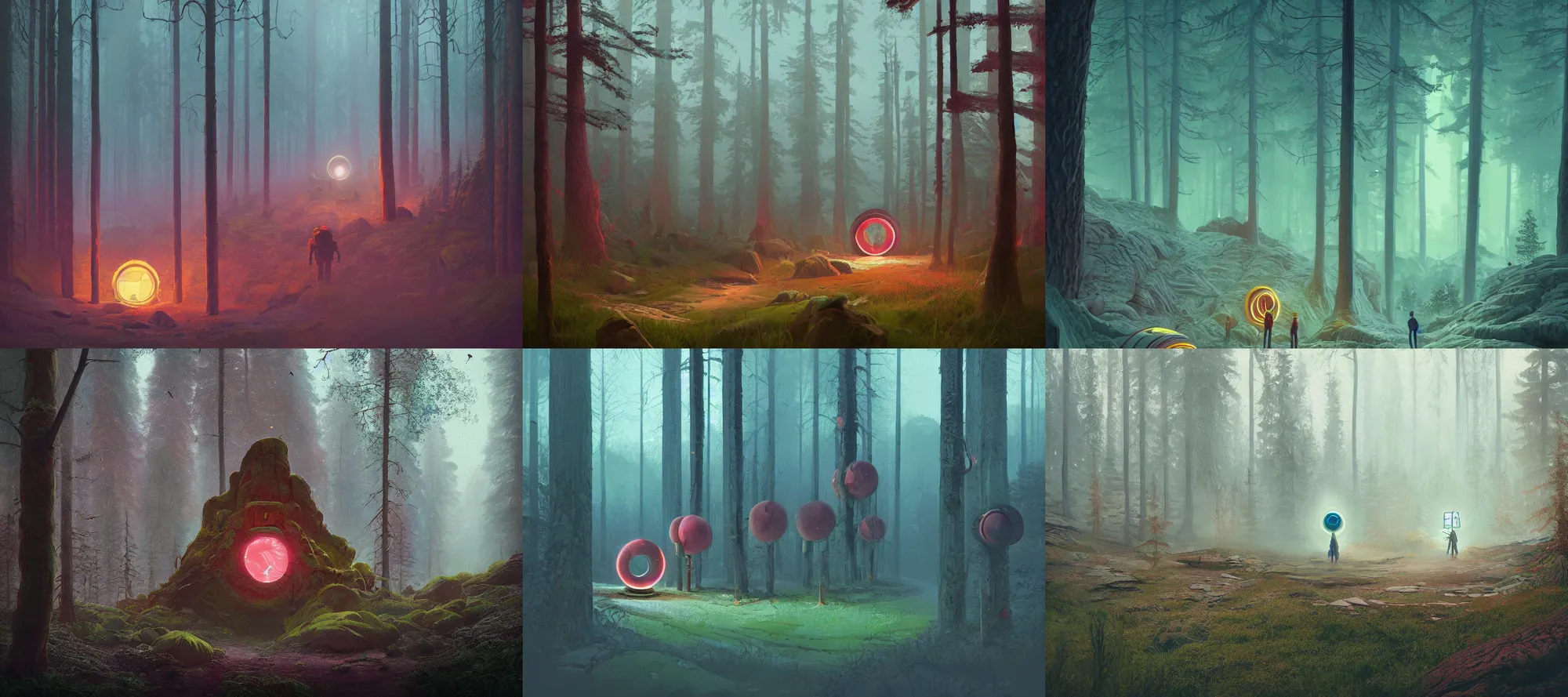 Prompt: A portal to another planet found in a forest just outside a Norwegian city in Norway, very detailed digital art, pretty colors, muted colors, in the style of Simon Stalenhag and Wes Anderson, beautiful colors, very high resolution, trending on Artstation