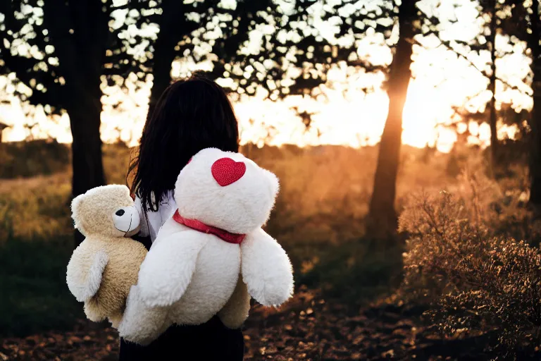 Image similar to canon, 30mm, bokeh, girl holding a teddy bear, snuggly, black hair, sunset, contrejour