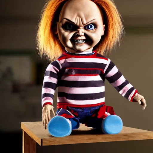 Image similar to chucky the killer doll on standing on a work bench table