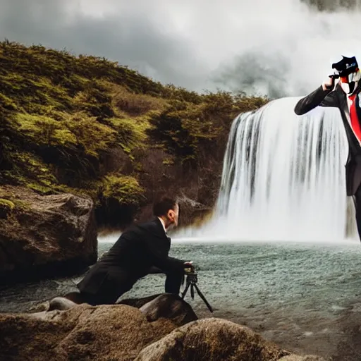 Prompt: A suited man on fire attempting to photograph a calm serene waterfall, realistic