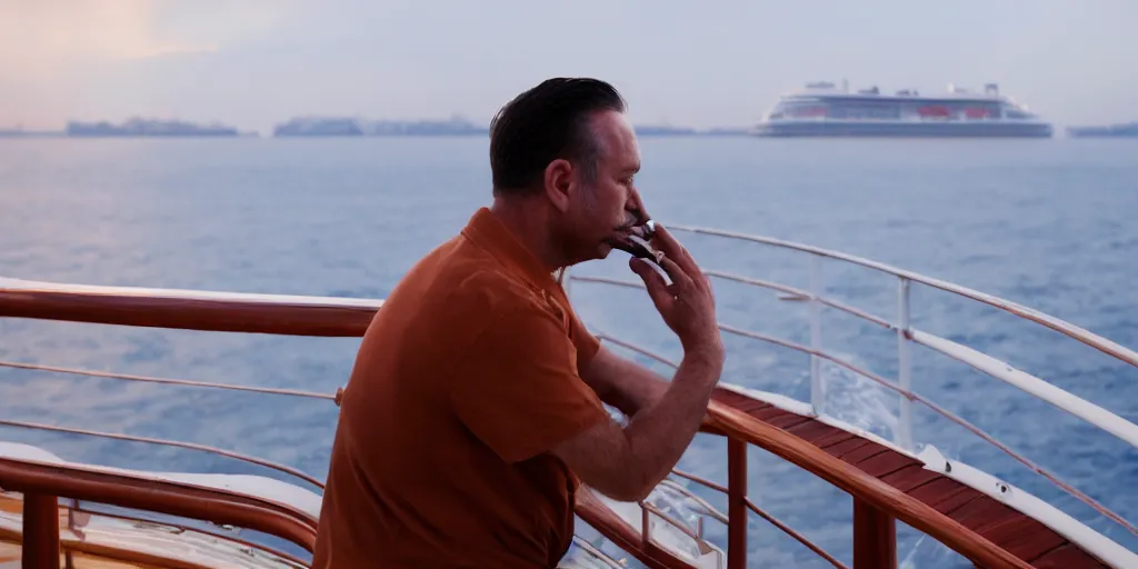Prompt: a sad man leaning against the guardrail on a cruise ship smoking a cigarette at midnight, photo, 8 k