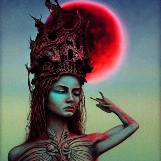 Prompt: psychedelic concept art illustration of a freaky goddess with a dark moon in the far distance, trending on artstation, by zdzisław beksiński, 3d render, octane render, intricately detailed artwork, full 8k high quality resolution, recently just found unknown masterpiece