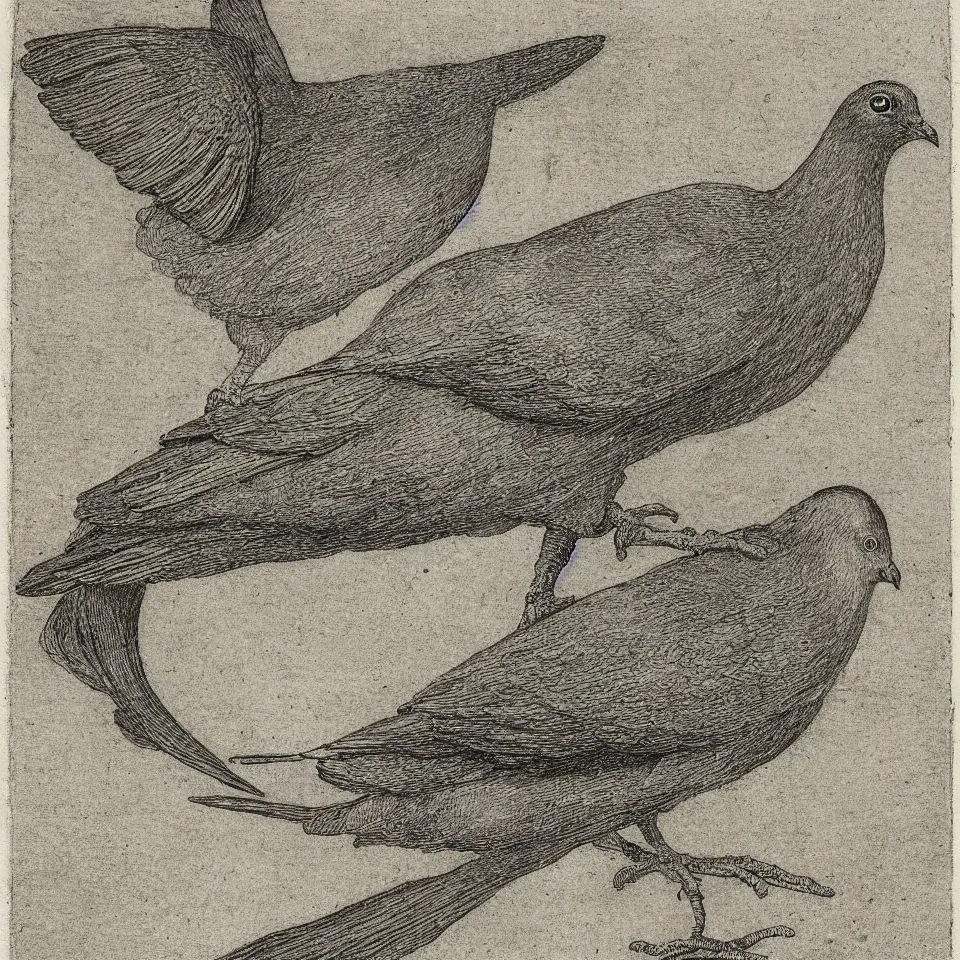 Image similar to etching of a pigeon on style of albrecht duerer