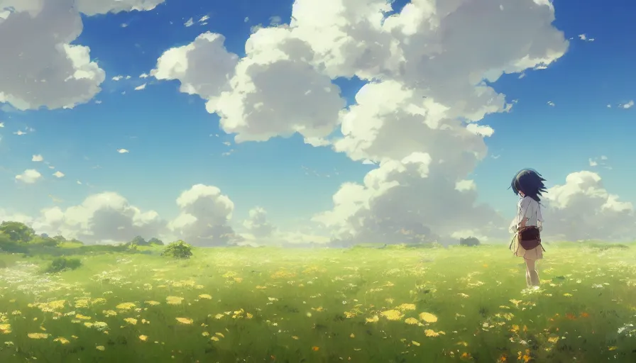 Image similar to a field of beautiful flowers, fluffy white clouds in the blue sky on a beautiful windy day, trending on pixiv fanbox, painted by greg rutkowski makoto shinkai takashi takeuchi studio ghibli