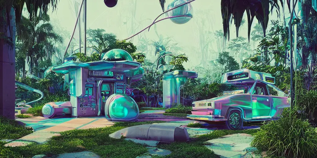 Prompt: 80s outdoor retro arcade, chrome, pastel colors, desolate, lush vegetation, moody:: by beeple and James Gilleard and Justin Gerard :: ornate, dynamic, particulate, intricate, elegant, highly detailed, centered, artstation, smooth, sharp focus, octane render, 3d