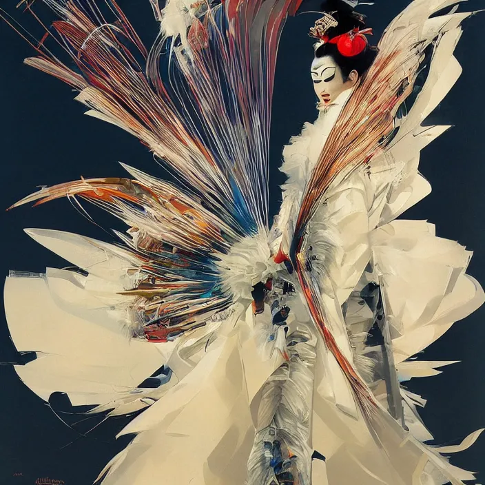 Prompt: feathered geisha, full body, high fashion, futurist, aerodynamic, fragile, intricate, slick, highly detailed, digital painting, neotenous, concept art, smooth, sharp focus, hd, art by syd mead and john berkey and annie leibovitz