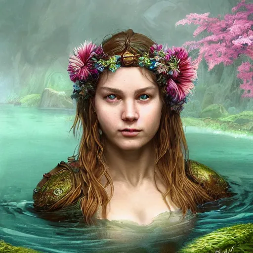 Prompt: epic portrait a female viking swimming in a steamy green lake full of flowers, beauty, pretty face, glossy skin, digital painting, artstation, concept art, soft light, hdri, smooth, sharp focus, illustration, fantasy, intricate, elegant, highly detailed, D&D, matte painting, in the style of Greg Rutkowski and Alphonse Mucha and artemisia, 8k, highly detailed, jurgens, rutkowski, bouguereau, pastoral, rustic, georgic