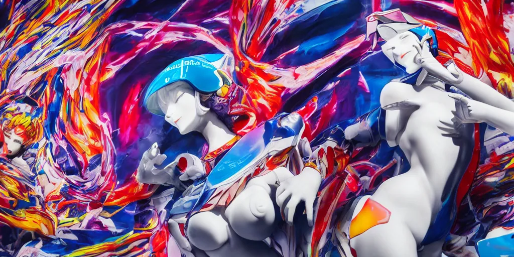 Image similar to billboard advertisement with an extremely beautiful photo of a white marble statue of an anime girl with colorful motocross logos and motorcycle helmet with closed visor, colorful smoke in the background, carved marble statue, fine art, neon genesis evangelion, virgil abloh, offwhite, denoise, highly detailed, 8 k, hyperreal