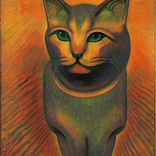 Prompt: cloisonne cat head sculpture, by annie swynnerton and diego rivera and nicholas roerich and jean delville, symbolist, dramatic lighting, god rays, art brut, rich colors, smooth, sharp focus, extremely detailed, adolf wolfli and ( donato giancola )