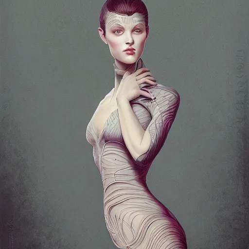 Image similar to wearing a full tight curvy long dress female, soft painting of curiosities and cyber illusions, perfectly detailed linework, symmetrical accurate intricate sensual features, highly detailed, artstation, sharp focus, tom bagshaw