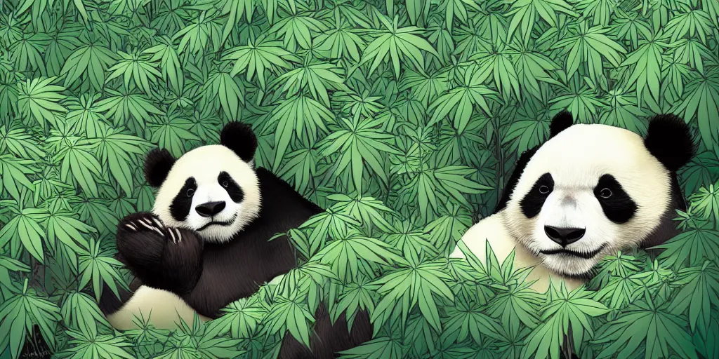 Prompt: beautiful aesthetic digital illustration of a relaxed panda surrounded by an endless forest of weed wlop and Julia Razumova, realistic, photorealistic, hyperrealistic, unreal engine, octane, deviantArt, trending on artstation, artstation HQ