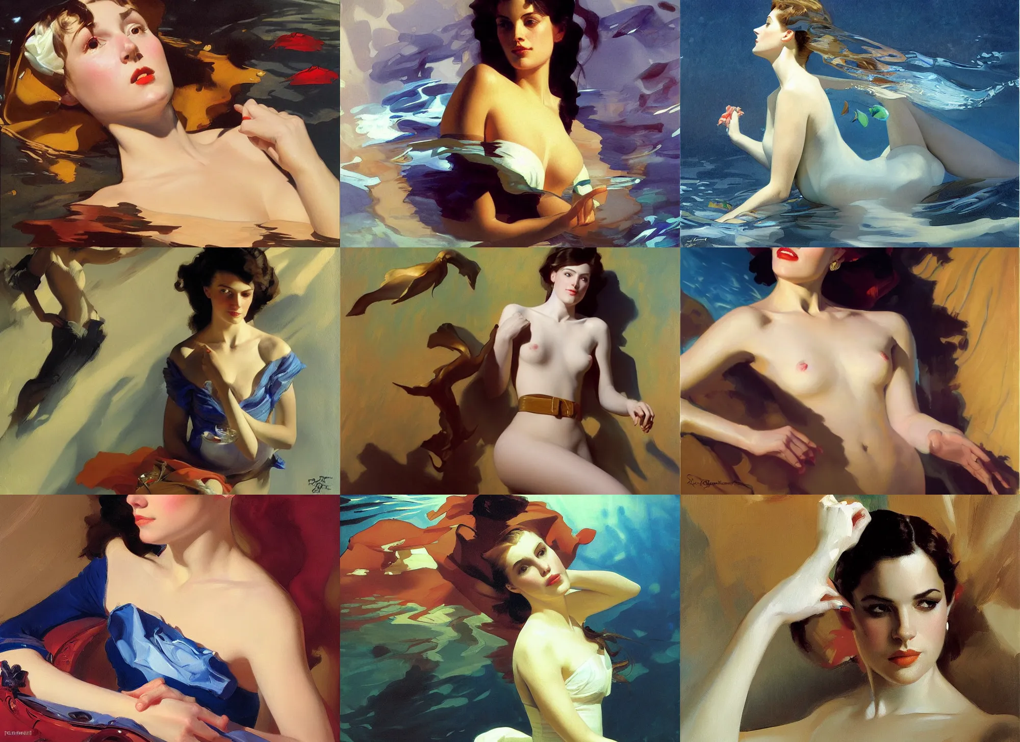 Prompt: painting by sargent and rhads and leyendecker and greg hildebrandt underwater portrait of a young woman