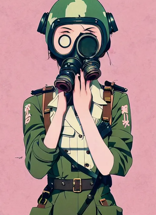 Image similar to singular girl with wearing ww 2 gas mask, ww 2 uniform, very anime!!! anime!! intricate details, aesthetically pleasing pastel colors, smoke poster background, art by conrad roset and ilya kuvshinov