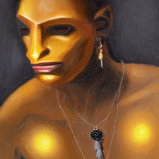 Prompt: a portrait of a humanoid black puma wearing a tank top and a necklace with a glowing stone, painting by Malevitch