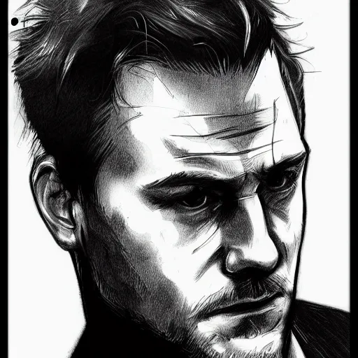 Image similar to John Constantine portrait profile, black and white sketch, cellshaded, drawn in fine-tip pen, made by WLOP, trending on artstation