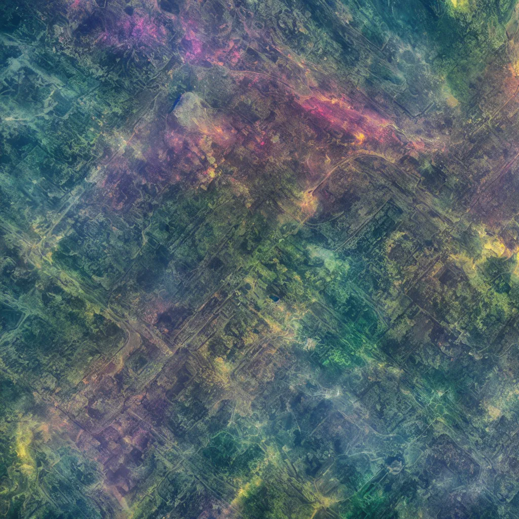 Prompt: aerial high resolution photography of a landscape filled with a disrupted high technological network, vibrant iridescent, sky is not visible, 8K, Octane Render, cinematic, state of the art, hyperrealistic lighting studio, random scheme color
