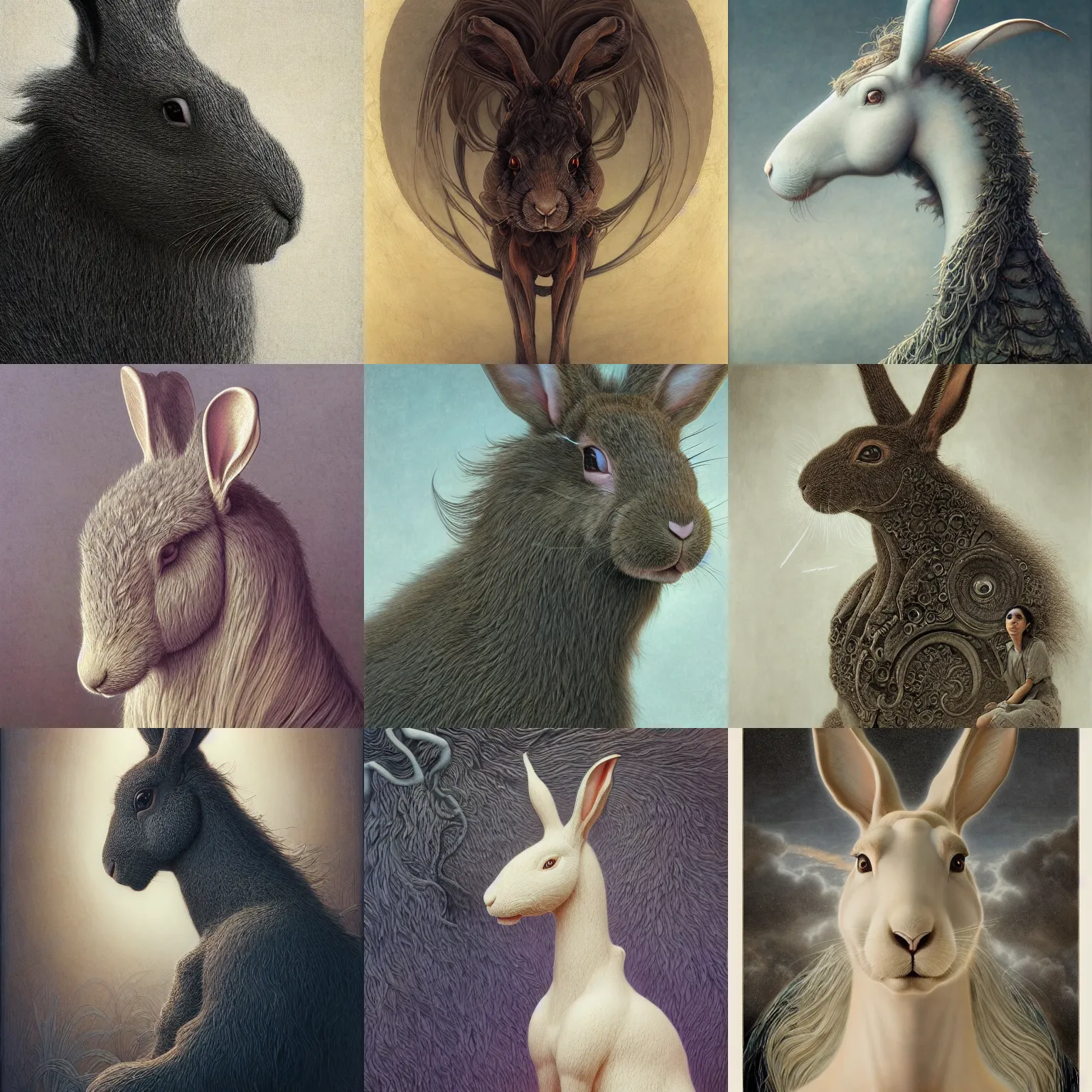 Prompt: giant rabbit - horse hybrid character portrait by jean delville, tom bagshaw, makoto shinkai, gustave dore and marco mazzoni, studio ghibli style, porcelain, histological, biology, zoology artificial intelligence, ebony, ivory, organic, detailed fur, intricate details