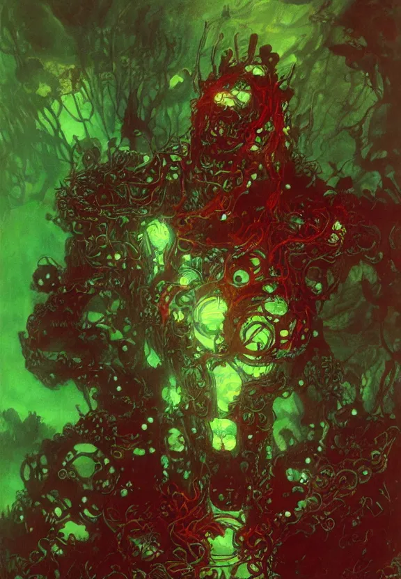 Prompt: ( underwater ) middle length portrait of a living goo glowing cyborg leshy, cinematic light, looking to the side off camera, backlight glow, green bright red, mist, by mikhail vrubel, by philippe druillet, by peter elson, by gerald brom, muted colors, extreme detail, trending on artstation, 8 k