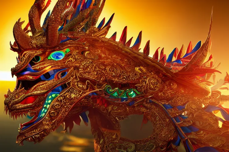 Prompt: cinematic closeup portrait of a golden chinese dragon intricately decorated with colorful jewels, detailed textures, strong bokeh, sunrays, dramatic sunset lighting, unreal engine, cgsociety, artstation, 4k