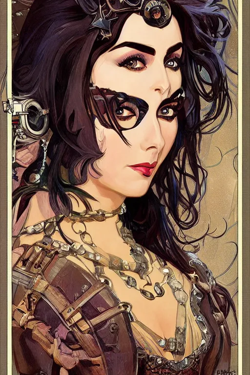 Image similar to evil elizabeth taylor steampunk half - cyborg cowgirl, pelt coats, high fantasy, dnd, smooth, sharp focus, illustration, highly detailed, digital painting, artstation, concept art, by alphonse mucha, frank fanzzeta, collectible card art