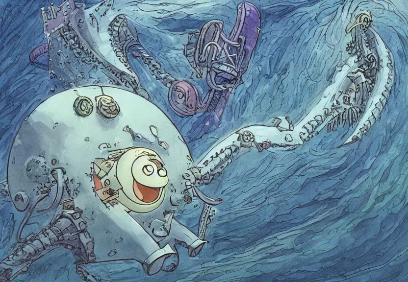 Prompt: a cell - shaded cartoon from howl'moving castle ( 2 0 0 4 ) showing a lovecraftian giant mechanized eel underwater. in the background is stonehenge on the bottom of the sea. very dull muted colors, hd, 4 k, hq