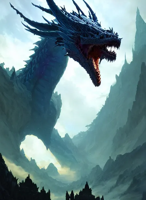 Image similar to highly detailed portrait of elder dragon from the game'guild wars 2 ', stephen bliss, unreal engine, greg rutkowski, loish, rhads, ferdinand knab, makoto shinkai and lois van baarle, ilya kuvshinov, rossdraws, tom bagshaw, alphonse mucha, global illumination, radiant light, detailed and intricate environment