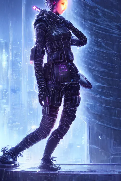 Image similar to portrait futuristic confidence cyberpunk young female Musketeer, in futuristic stormy heavy snowy tokyo rooftop cyberpunk night, ssci-fi, fantasy, intricate, very very beautiful, elegant, neon light, highly detailed, digital painting, concept art, human anatomy, soft light, hdri, smooth, sharp focus, illustration, art by tian zi and craig mullins and WLOP and alphonse mucha