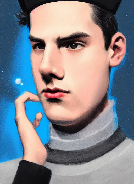 Image similar to portrait of teenage jughead jones wearing a light grey crown, crown, blue turtleneck, 1 9 5 0 s, closed eyes, photorealistic, black hair, glowing lighting, intricate, elegant, glowing lights, highly detailed, digital painting, artstation, concept art, smooth, sharp focus, illustration, art by wlop, mars ravelo and greg rutkowski