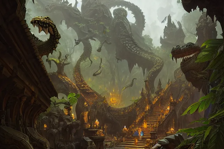 Image similar to path to the crocodile god lair, menacing statues of reptiles, deep focus, d & d, fantasy, intricate, elegant, highly detailed, digital painting, artstation, concept art, matte, sharp focus, illustration, hearthstone, art by artgerm and greg rutkowski and alphonse mucha