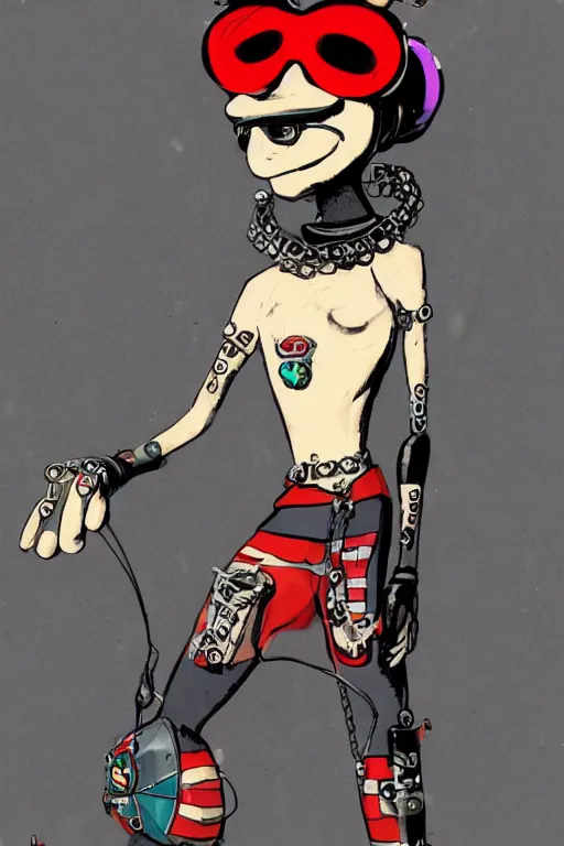 Image similar to cybergoth guy wearing goggles and eccentric jewelry by jamie hewlett, jamie hewlett art, full body character concept art,