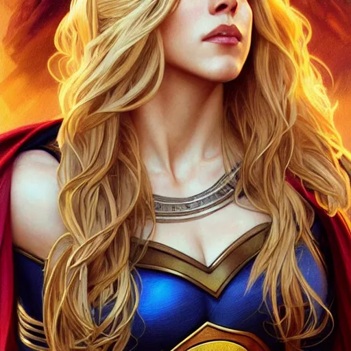 Prompt: beautiful Katheryn Winnick as Super Girl, western, closeup, D&D, fantasy, intricate, elegant, highly detailed, digital painting, artstation, concept art, matte, sharp focus, illustration, art by Artgerm and Greg Rutkowski and Alphonse Mucha