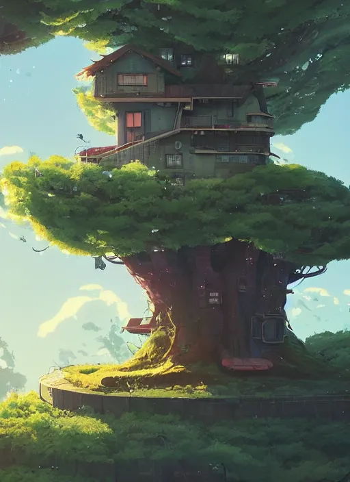 Image similar to a cute house in a giant tree, nuclear powered, detailed, futuristic, cory loftis, james gilleard, atey ghailan, makoto shinkai, goro fujita, studio ghibli, rim light, exquisite lighting, clear focus, very coherent, plain background