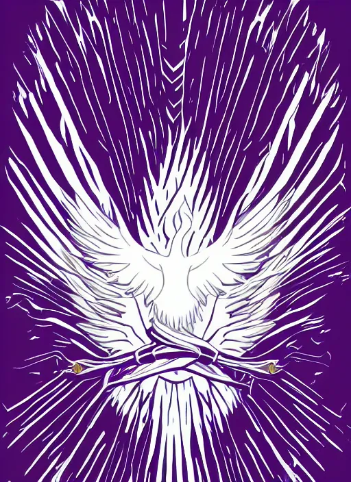 Prompt: white phoenix on salt crystals simple background simplified stylised poster art neat graphic design style holistic on purple flames geometric