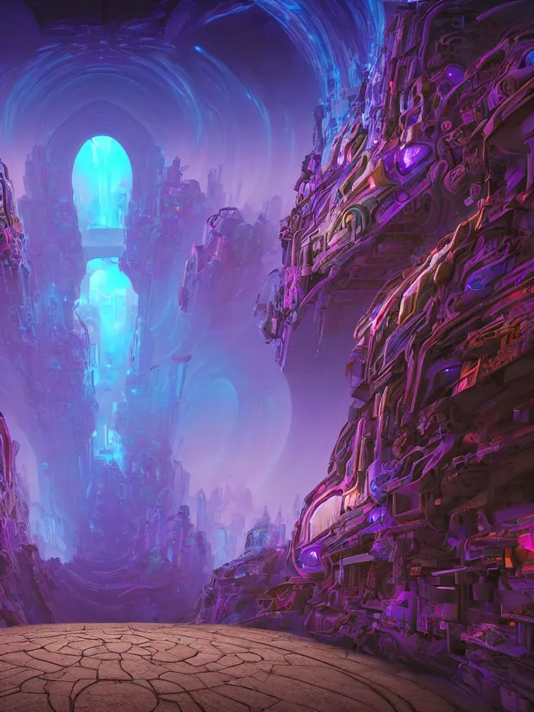 Image similar to entrance to ethereal realm, rendered in unreal engine, central composition, symmetrical composition, dreamy colourful cyberpunk colors, 6 point perspective, fantasy landscape with anthropomorphic!!! terrain!!! in the styles of igor morski, jim warren, and rob gonsalves, intricate, hyperrealistic, volumetric lighting, big sky, distinct horizon