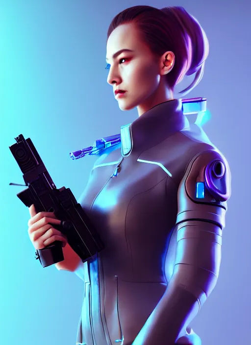 Image similar to portrait of a woman in a futuristic suit holding a gun, cyberpunk art by yuan jiang, featured on artstation, fantasy art, artstation hd, artstation hq, zbrush