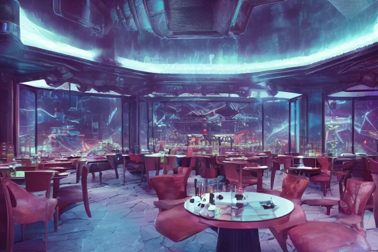 Image similar to cozy interior of a futuristic tavern with holographic displays on the tables, dramatic, cinematic, high contrast, octane render, cgsociety, artstation, 4k