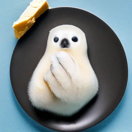 Prompt: a baby harp seal made from butter, food photography