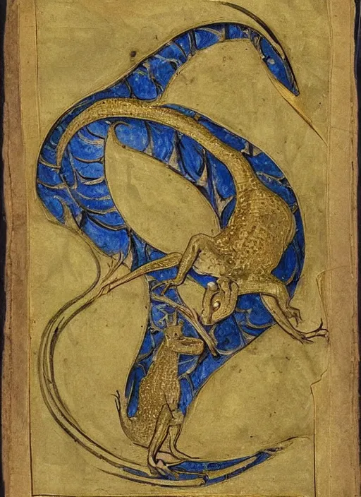 Image similar to a gilded page from an illuminated manuscript, depicting a dinosaur intertwined with the letter S, other dinosaurs along the bottom of the page, hand drawn, Master of Imola c. 1275, highly detailed